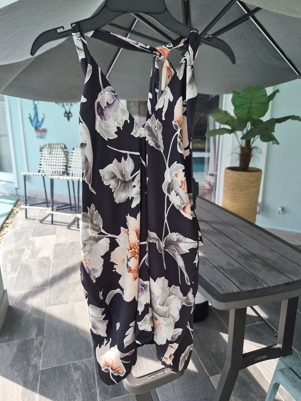 White House Black Market Black Floral Halter Top with Cream & Peach Flowers